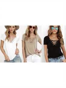 Womens Summer Tops Elegant Lace Up Deep V-Neck Short Sleeve Casual Solid Color T Shirts Fashion Slim Fit Tee Top - 黑色 - 查看 3