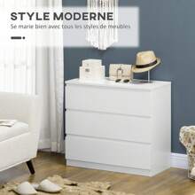 HOMCOM Commode 3 tiroirs commode chambre meuble de rangement épuré style moderne pour chambre à coucher, salon - 80 x 39 x 73 cm, blanc