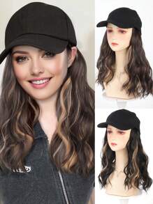 Parrucca da cappellino con medie onde ricce, nera, marrone, biondo con riflessi, pezzi per extension, sintetica, da 12 pollici, con cappellino da baseball attaccato, regolabile, adatta per uso quotidiano delle donne