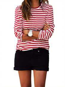 Women Red White Striped Casual Tops Long Sleeve Round Neck Loose Shirt Fashion T-Shirt - 紅色 - 查看 2