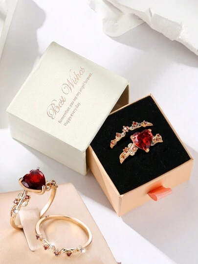 2 件/套戒指礼盒，浪漫心形方晶锆石，防过敏，适合婚礼、订婚、情人节圣诞礼物情人节、妈妈、母亲、母亲节、礼物