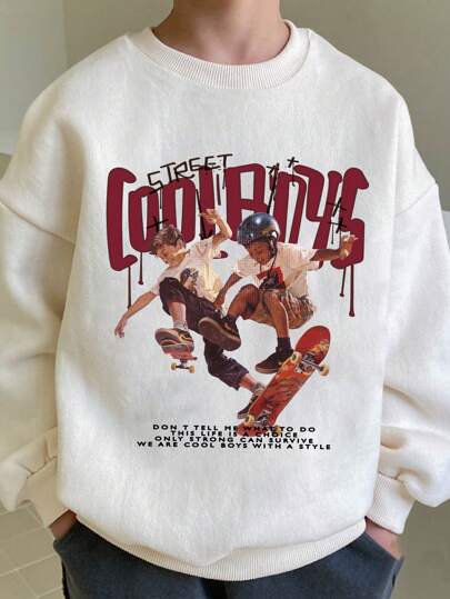 青少年男孩时尚休闲运动复古风格两个男孩滑板图案印花圆领套头羊毛运动衫