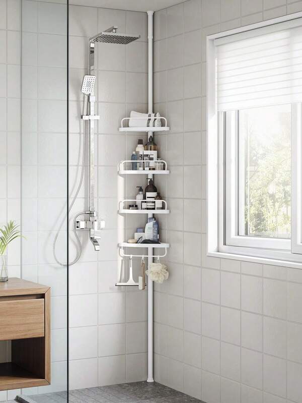 SONGMICS Mensola Doccia Telescopica e Regolabile, 4 Ripiani, Scaffale Angolare Bagno, Altezza 85-305 cm, Bianco/Nero