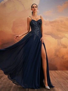 VIPGIRL 开叉大腿亮片舞会礼服优雅正式晚会婚礼宾客礼服，适合毕业典礼、晚宴派对礼服 - 藏蓝色 - 查看 6