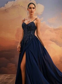 VIPGIRL 开叉大腿亮片舞会礼服优雅正式晚会婚礼宾客礼服，适合毕业典礼、晚宴派对礼服 - 藏蓝色 - 查看 2