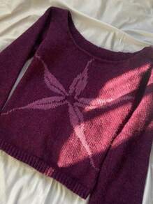 WomenY2k Off The Shoulder Sweater Slim Fit Graphic Print Long Sleeve Knit Crop Tops Fairy Grunge Vintage Pullover Streetwear E-Girls Aesthetic Clothes - 紫色 - 查看 5