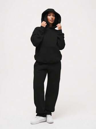 Women Autumn And Winter Casual Sweatshirt Set Long Sleeve Pocket Pullover Hooded Top Elastic Waist Pocket Straight Pants Solid Color Loose Sports Two Pieces Set