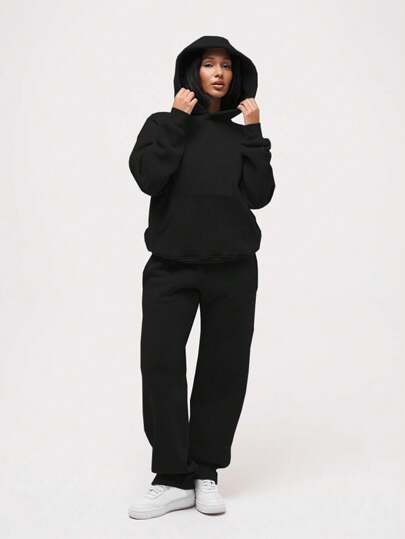 女式秋冬季休闲运动衫套装长袖口袋套头衫连帽上衣松紧腰口袋直筒裤纯色宽松运动两件套