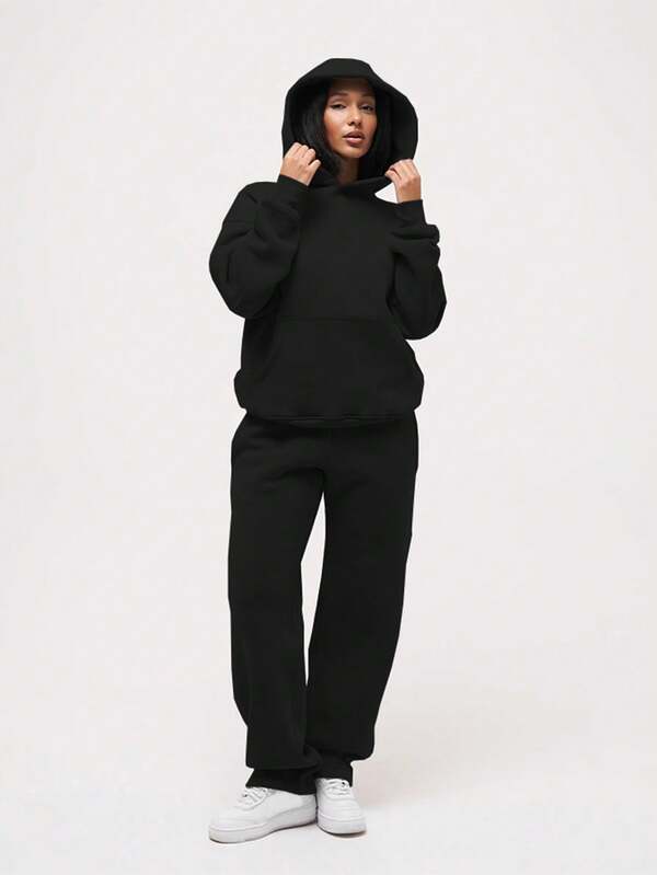 مجموعة بنطلون وبلوزة كاجوال للنساء في الخريف والشتاء، ملابس علوية بأكمام طويلة وجيب وكابور، مع بنطلون مستقيم ذو خصر مطاطي وجيب، قطعتان بلون أحادي فضفاضة لارتداء اليومي