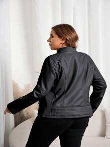 Giolshon 大码女式休闲时尚摩托车夹克，适合通勤和街头摄影，秋冬季仿皮夹克 - 黑色 - 查看 7