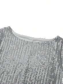 S Sequin Party Dress, Sparkle Long Sleeve Round Neck Short Cocktail Dress With Belt - 銀灰色 - 查看 5