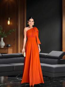 Long Party Dress With Lace, Lined Cups, Comfortable, Elegant, Simple - Burnt Orange - View 3