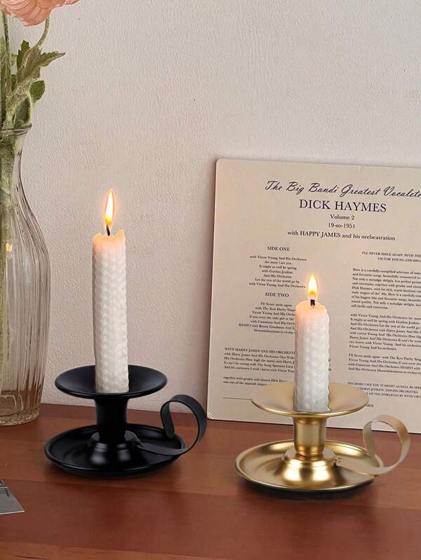 1 Pc/Set Metal Candle Holder/Candlestick Holders,Single Head European Style Vintage Gold Black Two-Color Optional Candle Holder, Round Bottom Cup Candle Holder, Simple And Convenient Candle Holder With Handle, Small Round Candle Holder, Pillar Candle Holder