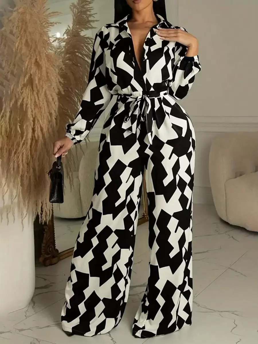 Casual Asymmetrical Graphic Print Waist Belt Front Open Jumpsuit - Black and White - View 1