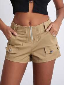 Women Low Rise Shorts Y2k Vintage Solid Color Multi Pockets Short Pants Cargo Shorts Summer Harajuku Streetwear - Màu Khaki - Xem 6