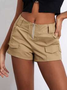 Women Low Rise Shorts Y2k Vintage Solid Color Multi Pockets Short Pants Cargo Shorts Summer Harajuku Streetwear - Màu Khaki - Xem 5