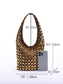 1pc Brown Leopard Print Suede-Like PU Leather Drawstring Bucket Bag, Stylish Gold Rivet Embellished Shoulder Bag For Women, Chic Office & Commuting Use - Brown - View 2