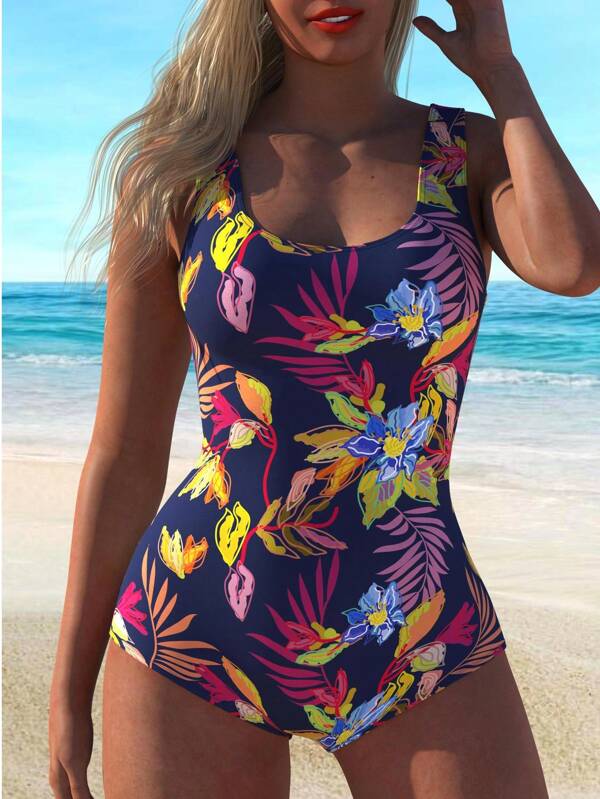 Damen Große Größen bunter Blume Muster Ein-Teiler Badeanzug, für Sommer Strandurlaub
