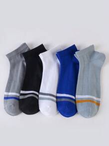 5 Pairs Men's Solid Color & Striped Lightweight Breathable Casual Ankle Socks, All Season