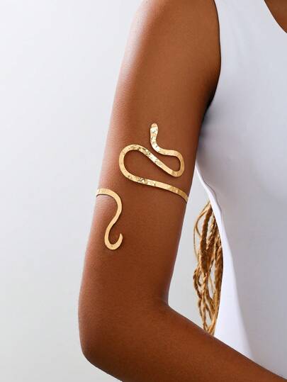 1pc Fashion Unique Metal Snake Coil Armband With Golden Snake Head Opening, Suitable For Parties, Gatherings, Gifts For Girlfriend/Mother, Festive Atmosphere, Street Hip-Hop Style Accessory