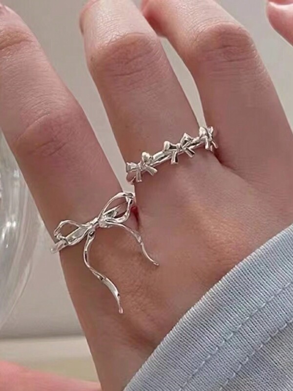 2pcs Y2K Romantic Lovely Silver Color Bowknot Ribbon Rings For Women Exquisite Fashion Geometric Lines Open Finger Ring Jewelry Gift
