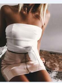 Women Pencil Skirt, Basic Stretchy Solid Color PU Slim Outfit, Round Circle Zipper Up High Waist Short Wild Fashion Hip Skirts - Hồng - Xem 2