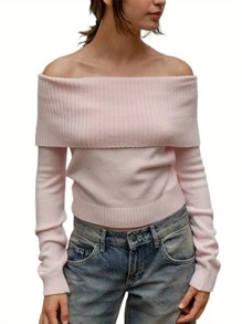 Suéter hombros descubiertos para mujer, de manga larga, entallado, con pliegues, de tejido de punto, informal, para otoño, estilo urbano - Rosa - Ver 1
