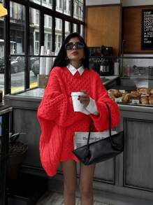 女士时尚休闲纯色绞花落肩长袖圆领保暖套头衫日常穿着度假厚实宽松大码衣服上衣针织毛衣，秋冬 - 紅色 - 查看 3