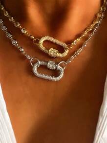 2pcs/1pc Diamond Inlaid Carabiner Necklace, Chain Necklace, Gold Chain Necklace, Cubic Zirconia Inlaid Necklace, Carabiner Necklace. Gold Or Silver - Yellow Gold - View 4