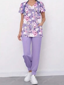 Ensemble de tenue de travail avec Top à col V manches courtes à imprimé intégral et pantalon pour femmes