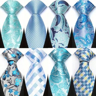 GOADAFOO 时尚 8CM 男士领带绿蓝格子条纹花卉经典商务领带提花编织领带男士婚礼派对