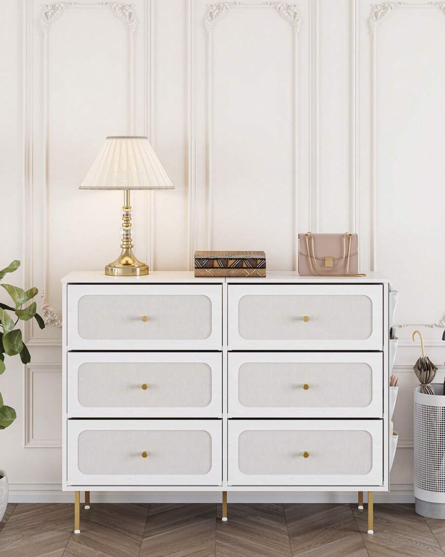 Chest Of Drawers, Cabinet With 6 Fabric Drawers, Multifunctional Sideboard With Fabric Bag, Metal Frame, 30 X 110 X 85 Cm, For Living Room And Bedroom, Morden, White-Gold - 白色 - 查看 1