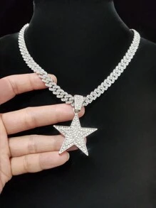 1 件时尚创意男女通用五角星吊坠项链，复古嘻哈风格，适合派对或日常佩戴，2 种链条款式可选 - 銀色 - 查看 4