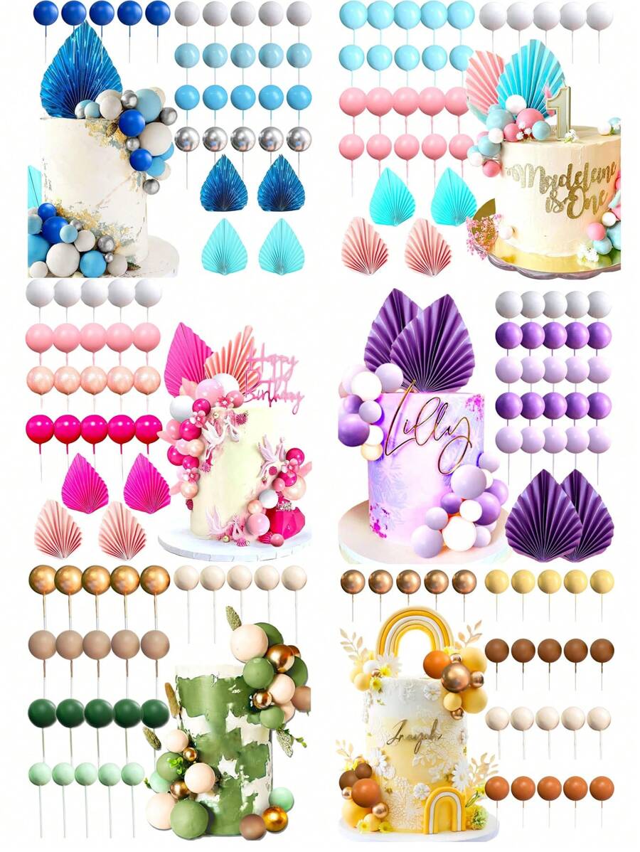 5 - 29 Stück bunte Schaumstoffkugeln als Kuchendekoration, bohemian-stil Kuchendekoration, imitierte Palmblatt-Papier-Fächer als Kuchendekoration, Serien in Blau, Pink, Gelb, Grün oder Lila, geeignet für Taufe, Gender-Reveal-Party, Geburtstag, Rentnerparty, Junggesellinnenabschied für Männer und Frauen, Hochzeitstorte, Valentinstag, vielfältige thematische Kuchendekoration