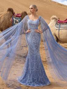 Faeriesty Haute Glamour Elegant Gorgeous Beaded Sequin Evening Gown With Pearl Accent Cape Sleeves – Mermaid Silhouette & Floor-Length Train For Red Carpet Events, Luxury Weddings, Gala Dinners & Art Gallery Openings - Dusty Blue - View 4