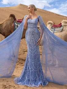 Faeriesty Haute Glamour Elegant Gorgeous Beaded Sequin Evening Gown With Pearl Accent Cape Sleeves – Mermaid Silhouette & Floor-Length Train For Red Carpet Events, Luxury Weddings, Gala Dinners & Art Gallery Openings - Dusty Blue - View 6