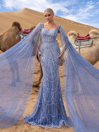 Faeriesty Haute Glamour Elegant Gorgeous Beaded Sequin Evening Gown With Pearl Accent Cape Sleeves – Mermaid Silhouette & Floor-Length Train For Red Carpet Events, Luxury Weddings, Gala Dinners & Art Gallery Openings