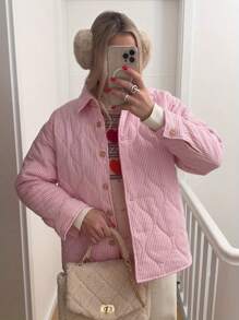 Women's Jacket Stripe Collar Buttons Quilted Coat Fall Winter Long Sleeve Padded Jacket Outerwear - Pink - View 4