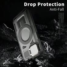 Funda compatible con iPhone con tapa de metal para la cámara y soporte [Compatible con MagSafe][Protector de lente de cámara 9H] compatible con iPhone 11/12/13/14/15/16/Plus/Pro/Pro Max. Cubierta protectora para teléfono a prueba de golpes de gran resistencia, color negro