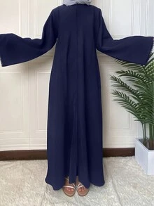 Solid Color Elegant Turkish Retro Style Arab Ladies Long Zip Lace Dress Abaya, Modest Robe - Blue - View 3