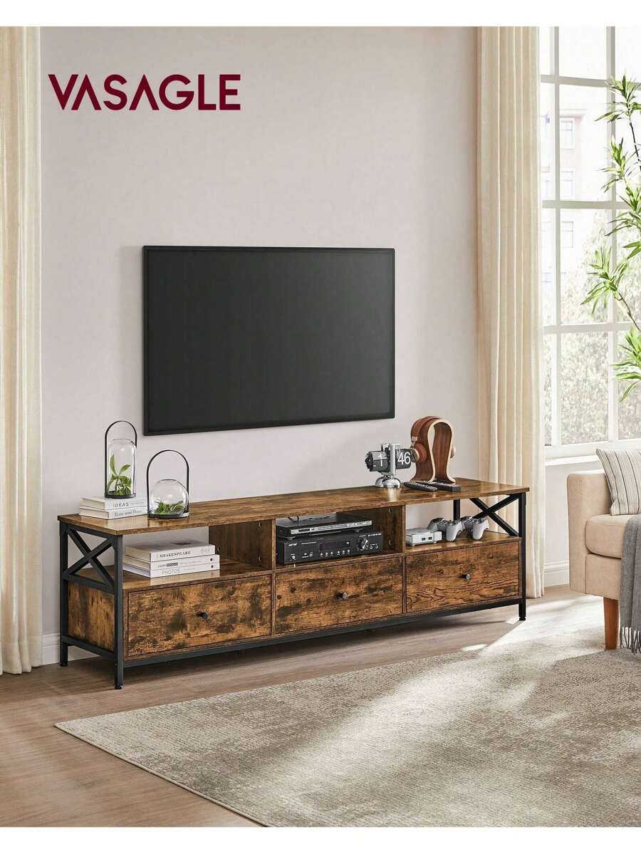 VASAGLE Mobile TV, mobile per TV fino a 80 pollici, lunghezza 178 cm, mobile TV con 3 cassetti, 3 scomparti aperti, 40 x 178 x 50 cm, soggiorno, telaio in acciaio, vintage marrone nero