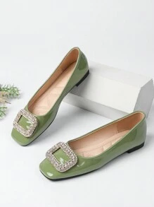 2025 New High-End Flat Soft Bottom Rhinestone Square Toe Slip-On Casual Loafers, Multi-Color Options, Plus Size, Versatile Commuter Shoes For Women - Green - View 3
