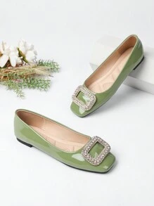 2025 New High-End Flat Soft Bottom Rhinestone Square Toe Slip-On Casual Loafers, Multi-Color Options, Plus Size, Versatile Commuter Shoes For Women - Green - View 4