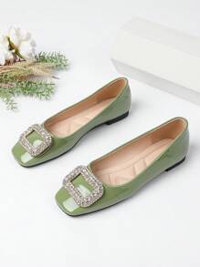 2025 New High-End Flat Soft Bottom Rhinestone Square Toe Slip-On Casual Loafers, Multi-Color Options, Plus Size, Versatile Commuter Shoes For Women - Green - View 2