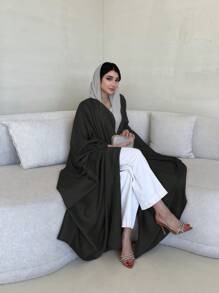 Bata abierta elegante y de moda con mangas de murciélago y cinturón, de unicolor y ligera, para mujer - Sin pañuelo, - Negro - Ver 5