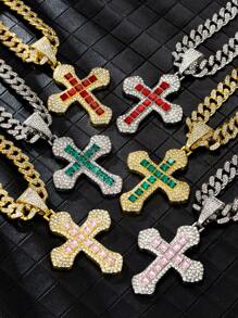 1pc Men's New Arrival Oversized Cross Pendant Necklace, Creative European & American Style Diamond Encrusted Metal Cross Design, Versatile For Everyday Wear For Both Men And Women - Various - View 11