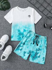 Set de 2 piezas para niño pequeño: Camiseta de cuello redondo de manga corta con estampado de palmeras y pantalones cortos tie-dye, adecuados para verano, deportes, ocio, uso diario, exteriores, escuela