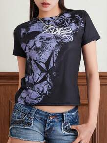 Women Y2k Fairy Grunge T-Shirt Top Goth Graphic Print Short Sleeve Crew Neck Shirts Gothic E-Girl Emo Crop Tees Tops Vintage Aesthetic Clothes Streetwear - 紫色 - 查看 6