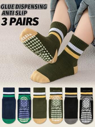 3 Pairs Navy Blue + Army Green + Black Non-Slip Children Crew Socks, Suitable For Indoor, Gym, Trampoline, Elastic Ankle, Autumn Season Kids Toddlers Boys Girls Short Socks