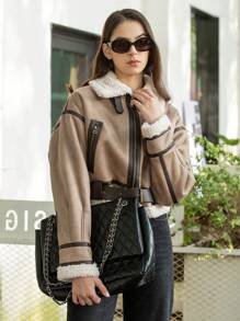HH Fashion Elegant Women Thickening Warm Zip Coat Female Faux Leather Lambswool Patchwork Sleeveless Casual Jacket